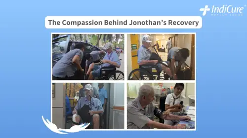 A collage illustrating the compassionate care provided during Jonothan's medical tour: staff assisting him into a car, helping him into a wheelchair, assisting with his baggage, and a nurse checking his blood pressure during his affordable knee replacement in India. A collage illustrating the compassionate care provided during Jonothan's medical tour: staff assisting him into a car, helping him into a wheelchair, assisting with his baggage, and a nurse checking his blood pressure during his affordable knee replacement in India.